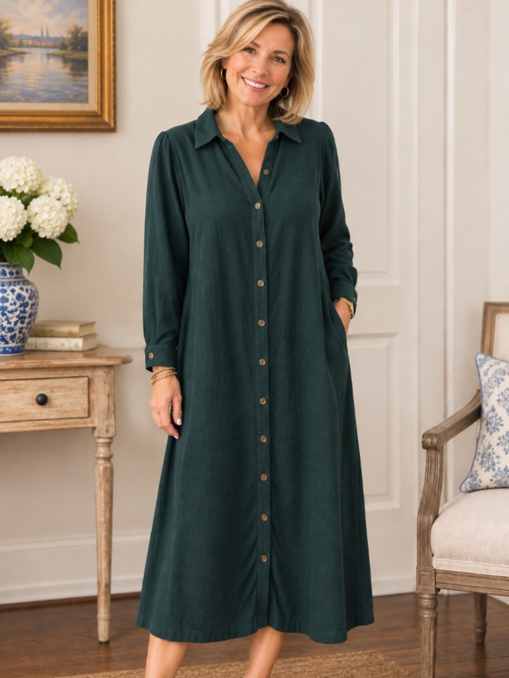 J.Jill Teal Fine-Wale Corduroy Button-Front Midi Shirt Dress – Size XL